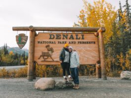Denali National Park: Tainá e Marcelo na placa de entrada do parque, no outono
